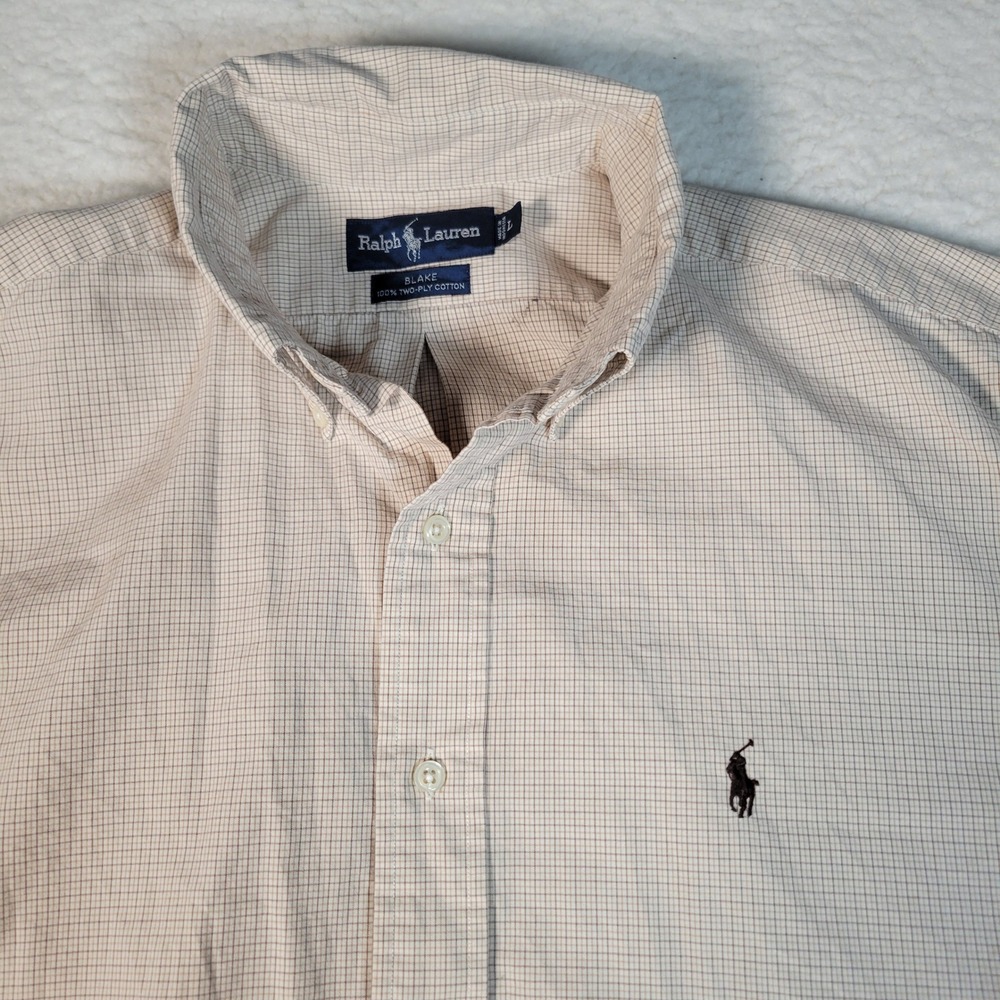 Ralph Lauren Button Down Mens Large Tan Brown Blake Micro Check Cotton Shirt